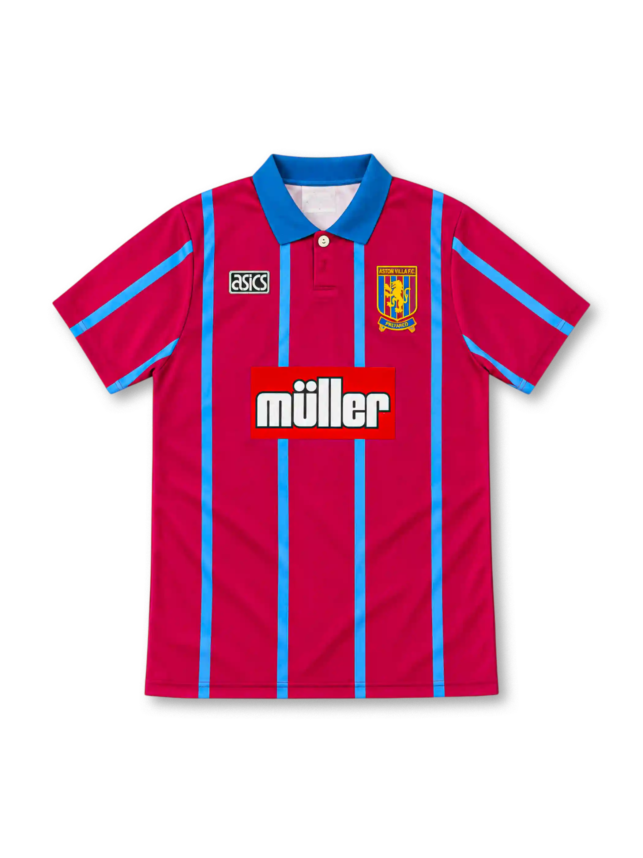 Aston Villa 1993/95 claret home jersey with sky-blue vertical stripes, blue polo collar, ASICS logo, club crest and Müller sponsor.