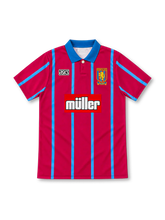 Aston Villa 1993/95 claret home jersey with sky-blue vertical stripes, blue polo collar, ASICS logo, club crest and Müller sponsor.