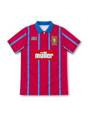 Aston Villa 1993/95 claret home jersey with sky-blue vertical stripes, blue polo collar, ASICS logo, club crest and Müller sponsor.