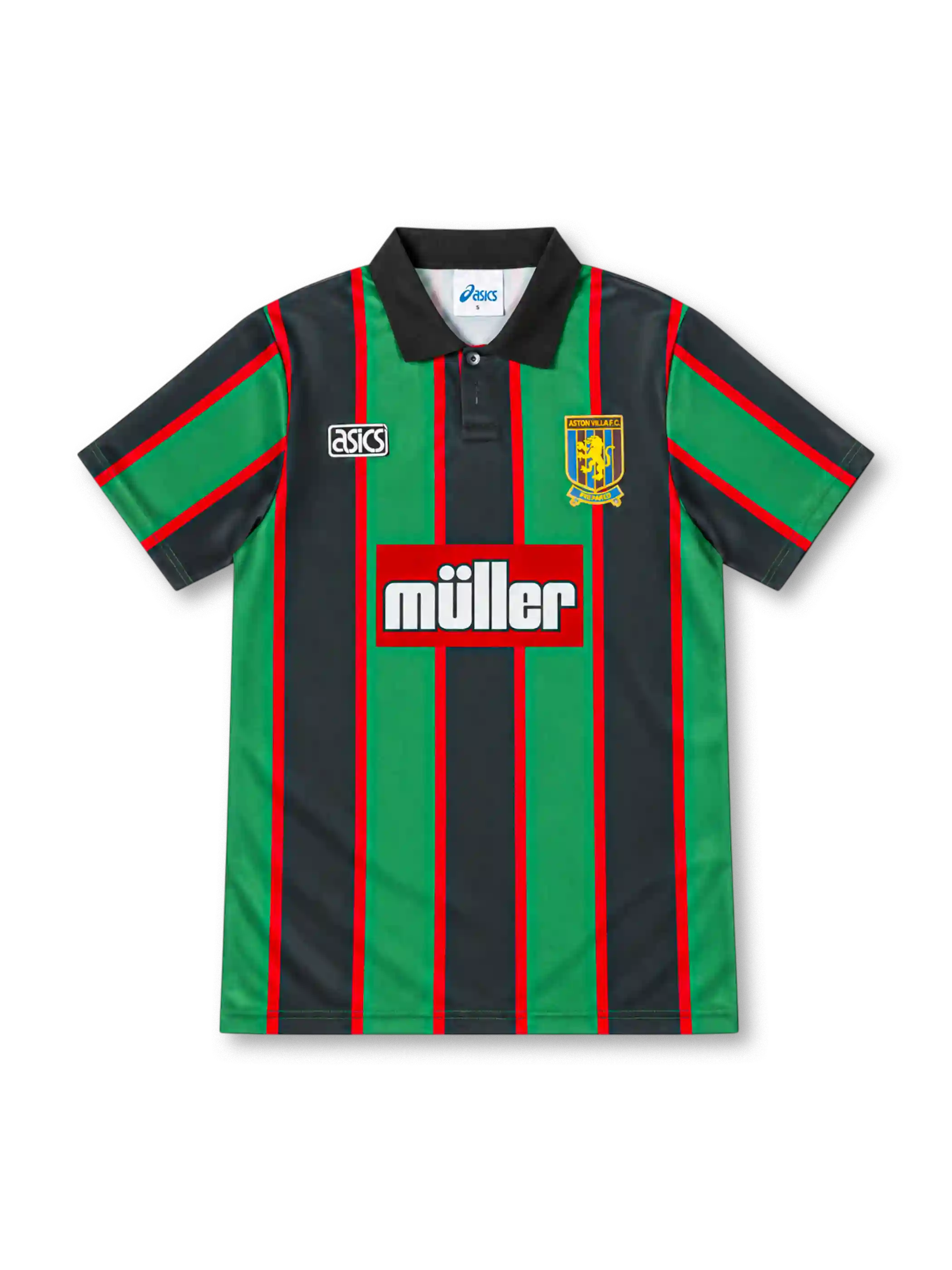 Aston Villa 1993/95 away jersey with green and black vertical stripes, red trim, black polo collar, ASICS logo, club crest and Müller sponsor.