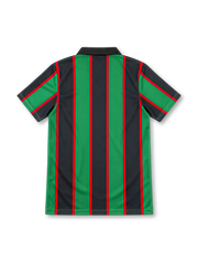 Aston Villa 1993/95 away jersey with green and black vertical stripes, red trim, black polo collar, ASICS logo, club crest and Müller sponsor.