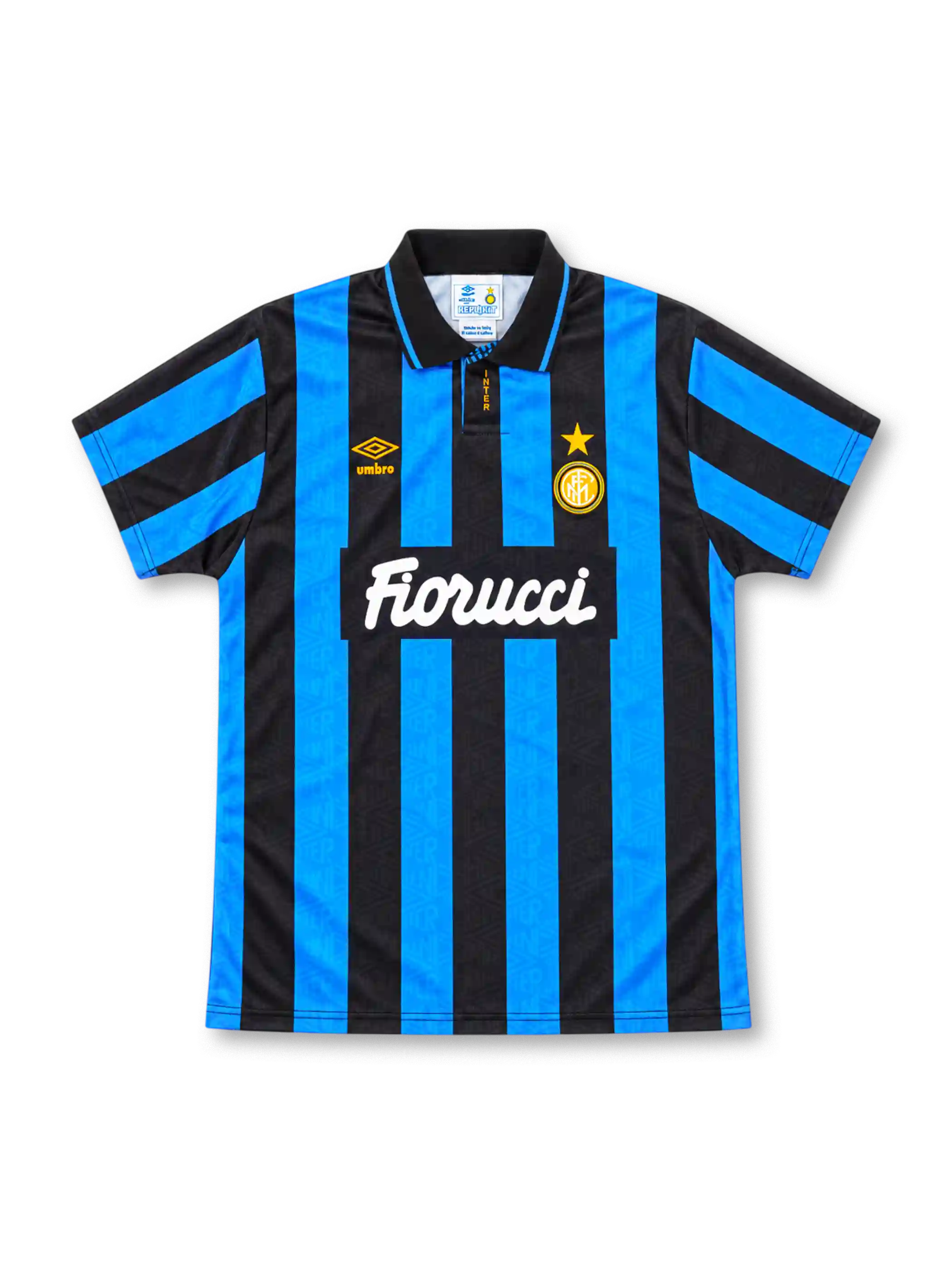 Inter Milan 1992/94 home jersey with blue-and-black vertical stripes, black polo collar, yellow Umbro logo, gold-star crest and white Fiorucci sponsor.