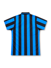 Inter Milan 1992/94 home jersey with blue-and-black vertical stripes, black polo collar, yellow Umbro logo, gold-star crest and white Fiorucci sponsor.