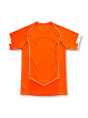 Netherlands 2004 orange home jersey with white Nike Swoosh, central KNVB lion crest, V-neck collar, white piping and sleeve accents.