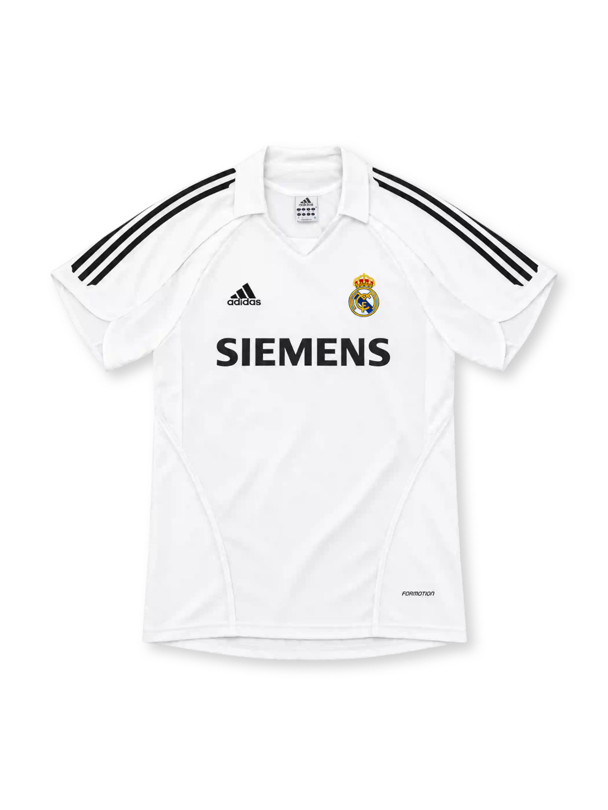 Real Madrid 2005/06 white home jersey with black adidas shoulder stripes, white polo collar, club crest, Siemens sponsor and FORMOTION branding.