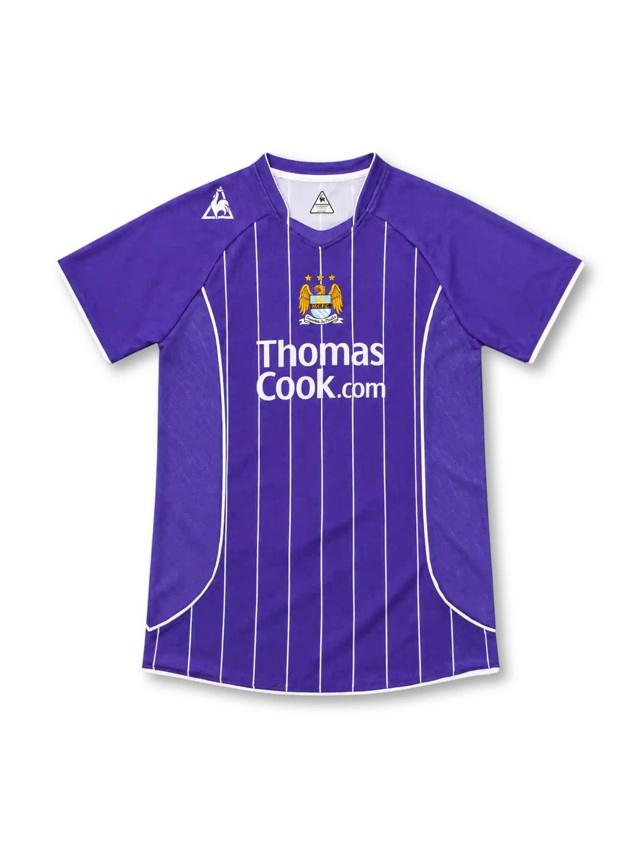 Manchester City 2007/08 purple away jersey with white vertical pinstripes, Le Coq Sportif logo, three-star club crest, and Thomas Cook.com sponsor.