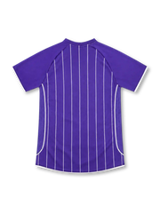 Manchester City 2007/08 purple away jersey with white vertical pinstripes, Le Coq Sportif logo, three-star club crest, and Thomas Cook.com sponsor.