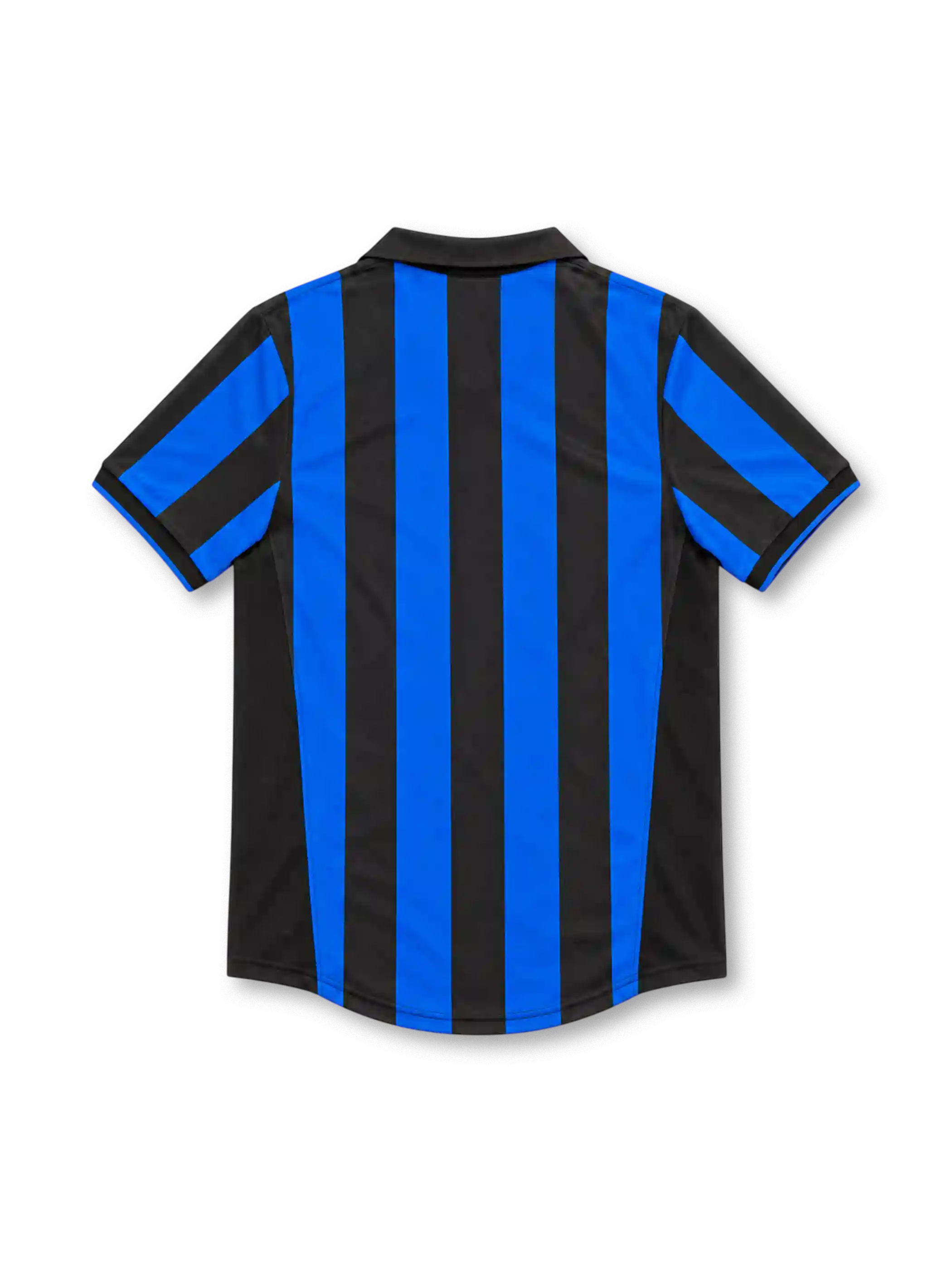 Inter Milan 1998/99 home jersey with blue-and-black vertical stripes, black polo collar, yellow Nike Swoosh, gold-star club crest and white Pirelli sponsor.