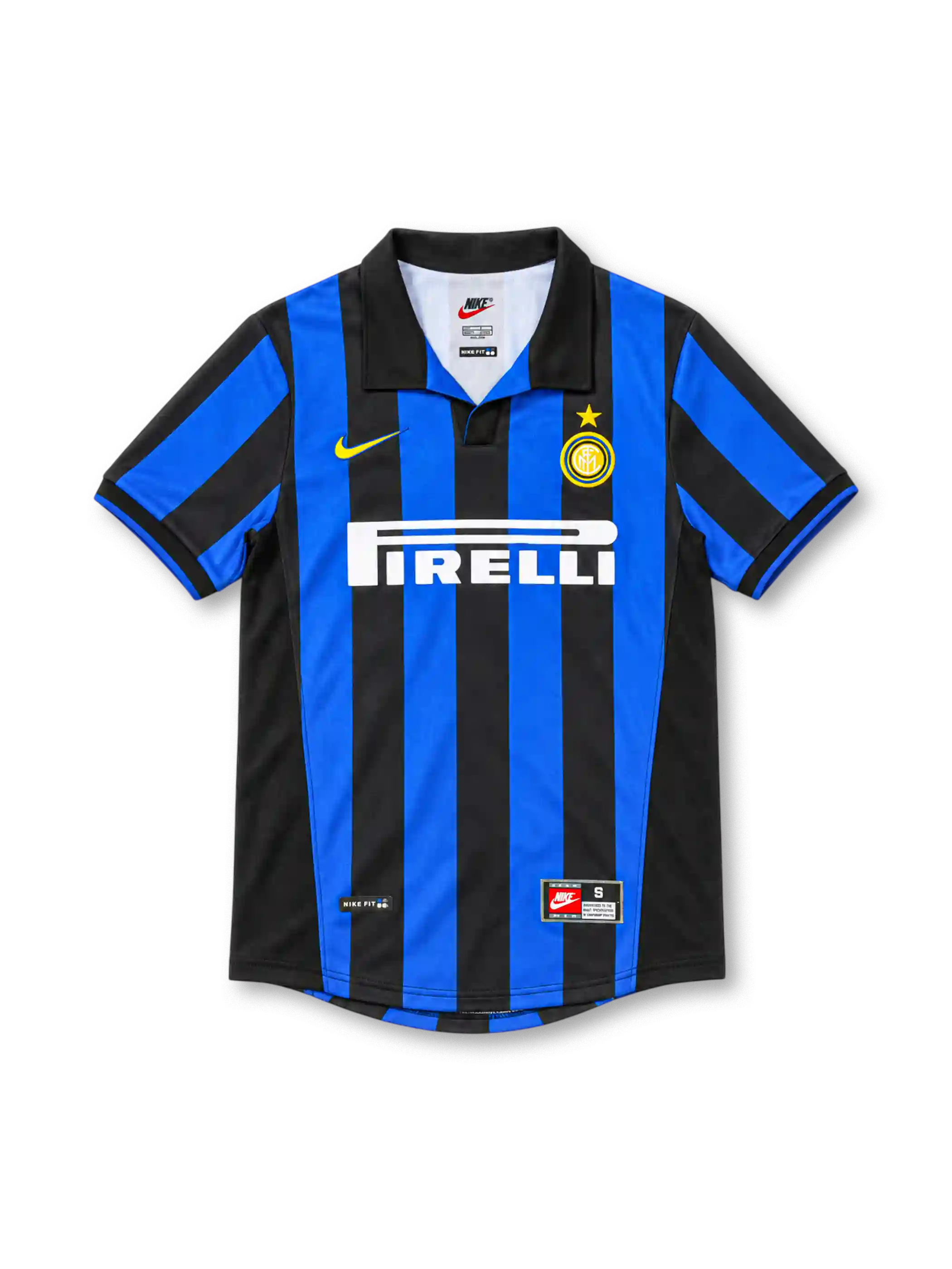 Inter Milan 1998/99 home jersey with blue-and-black vertical stripes, black polo collar, yellow Nike Swoosh, gold-star club crest and white Pirelli sponsor.