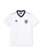 England 1986 white home jersey by Umbro with navy and red V-neck collar, Three Lions crest, black Umbro logo and navy shoulder piping.