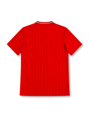 England 1986 red away jersey with tonal vertical stripes, white Umbro logo, Three Lions crest, striped V-neck collar and white shoulder piping.