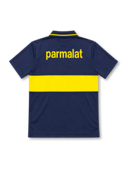 Boca Juniors 1993/95 navy-blue home jersey with yellow horizontal chest band, Parmalat sponsor, Olan logo, yellow-trimmed polo collar and CABJ crest.