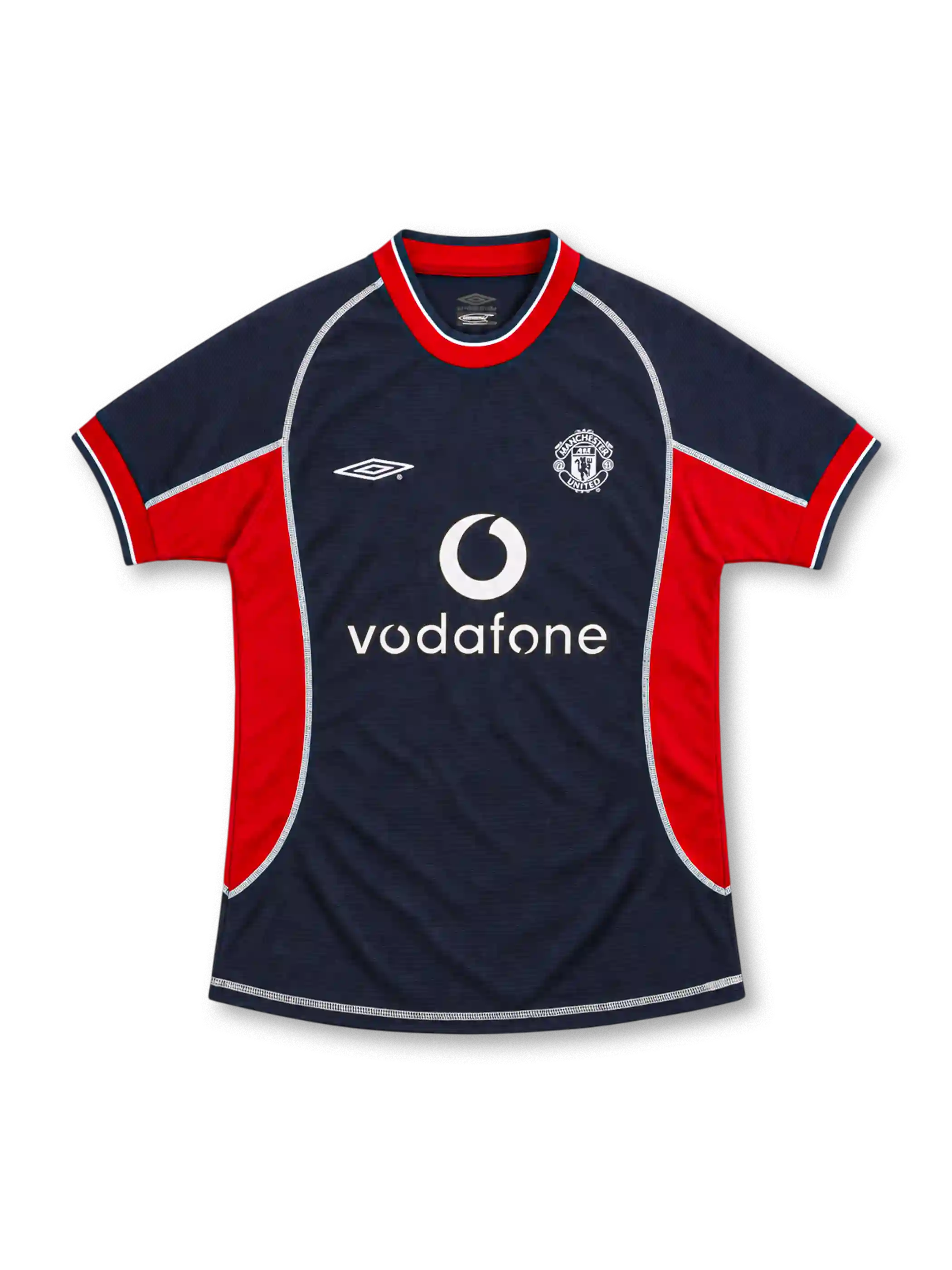 Manchester United 2000/01 navy third jersey with red side panels, white Umbro logo, monochrome club crest, white Vodafone sponsor and contrasting seams.