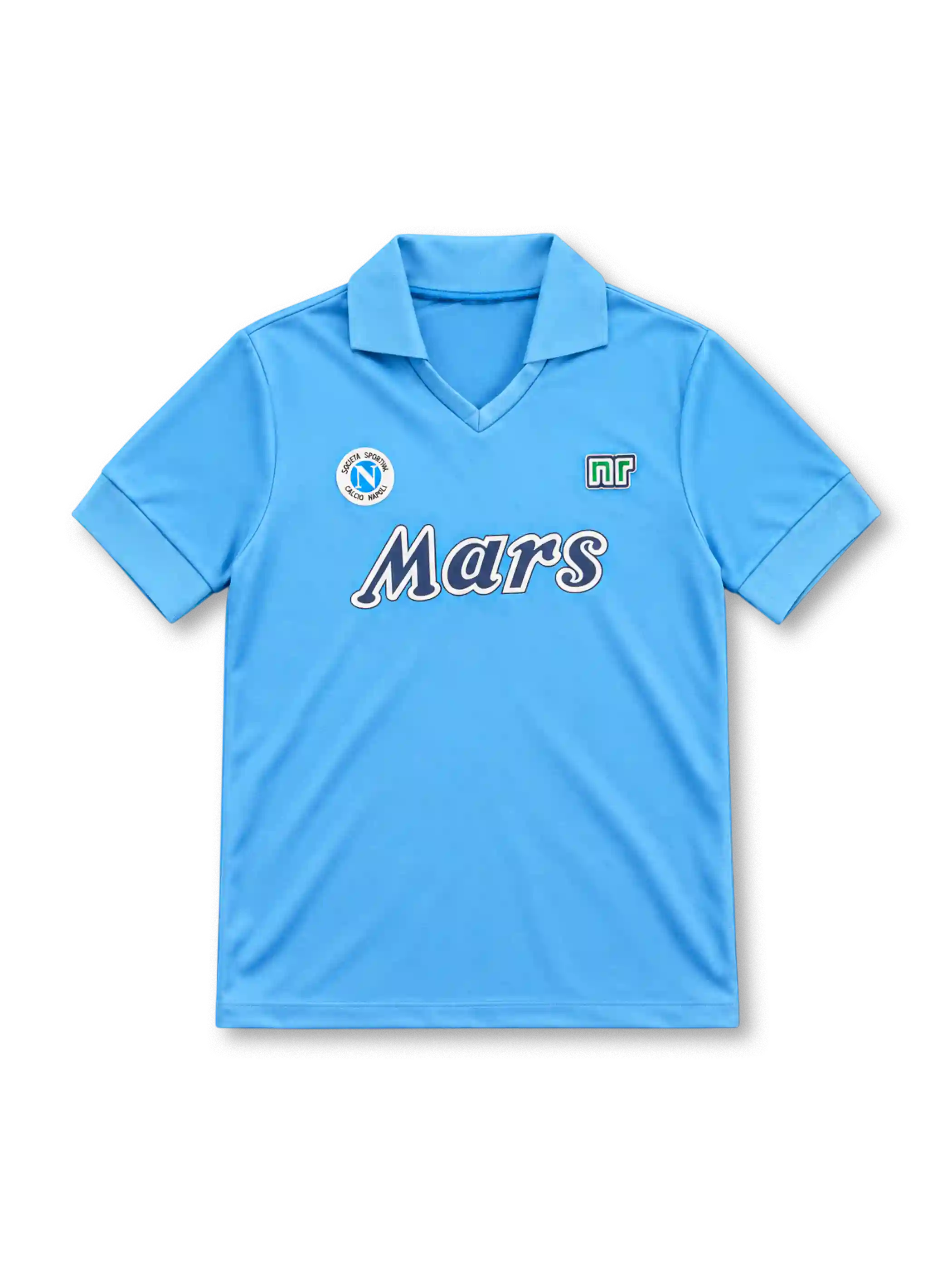 Napoli 1989/90 sky-blue home jersey with fold-down collar, V-neck opening, circular Napoli crest, Ennerre logo and navy Mars sponsor.