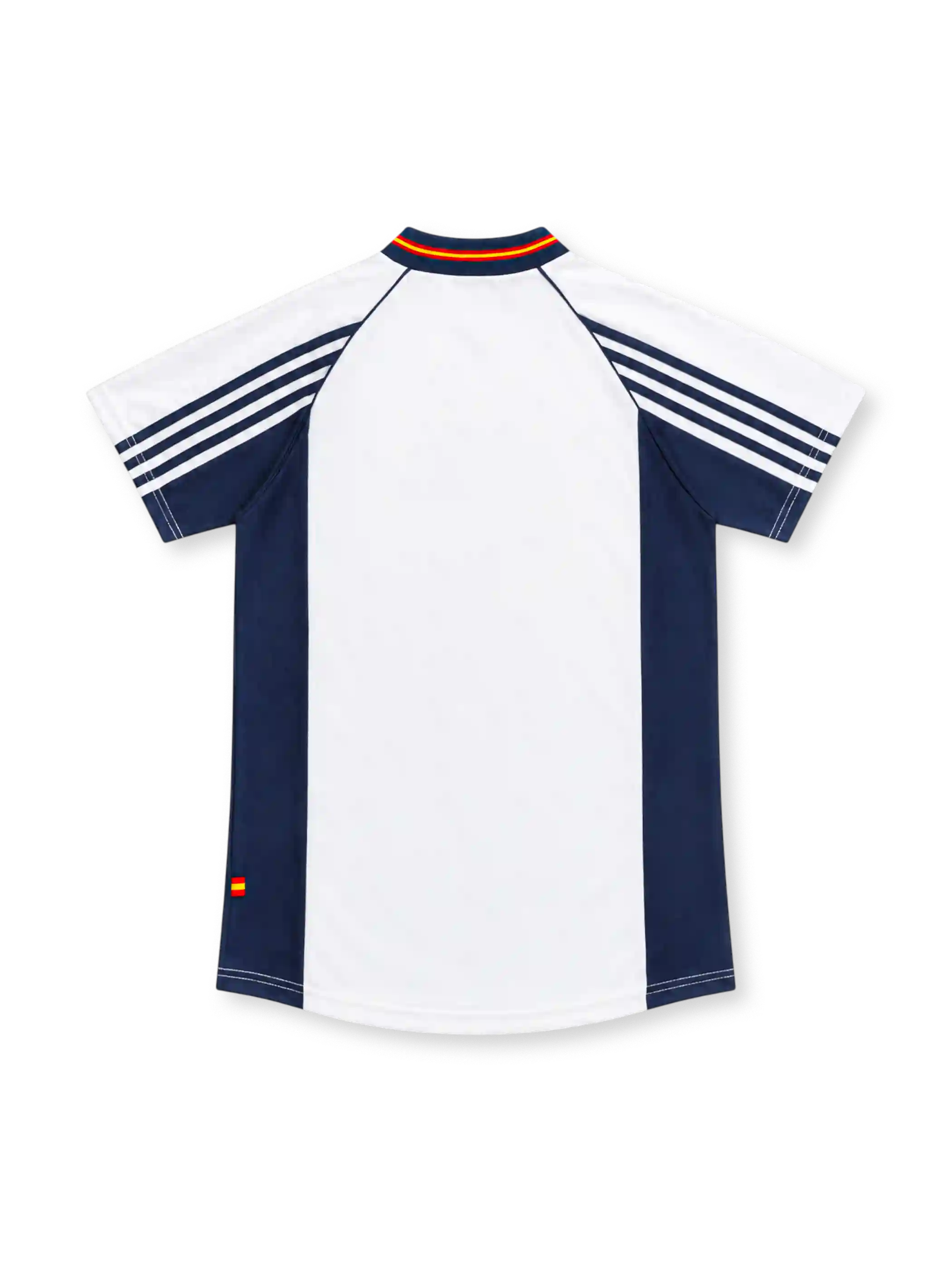 Spain 1998 white away jersey with navy side panels, adidas three-stripe sleeves, red-and-yellow V-neck trim, Spanish federation crest and lower-hem emblem.