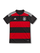 Germany 2014 away jersey with red-and-black horizontal stripes, white adidas shoulder stripes, black button collar, three-star DFB crest and adizero branding.