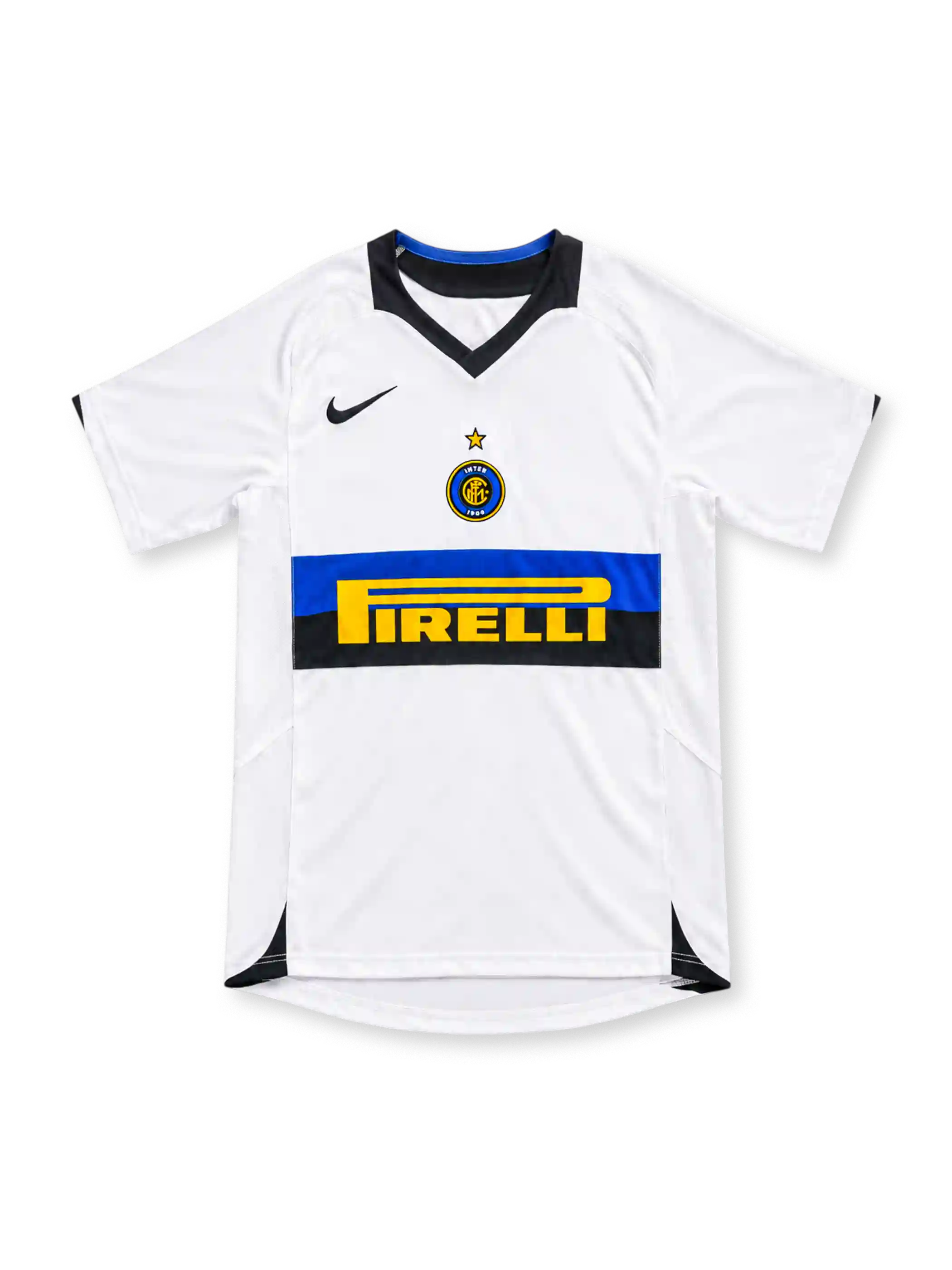 Inter Milan 2005/06 white away jersey with blue-and-black chest band, yellow Pirelli sponsor, black Nike Swoosh, central Inter crest and black V-neck collar.