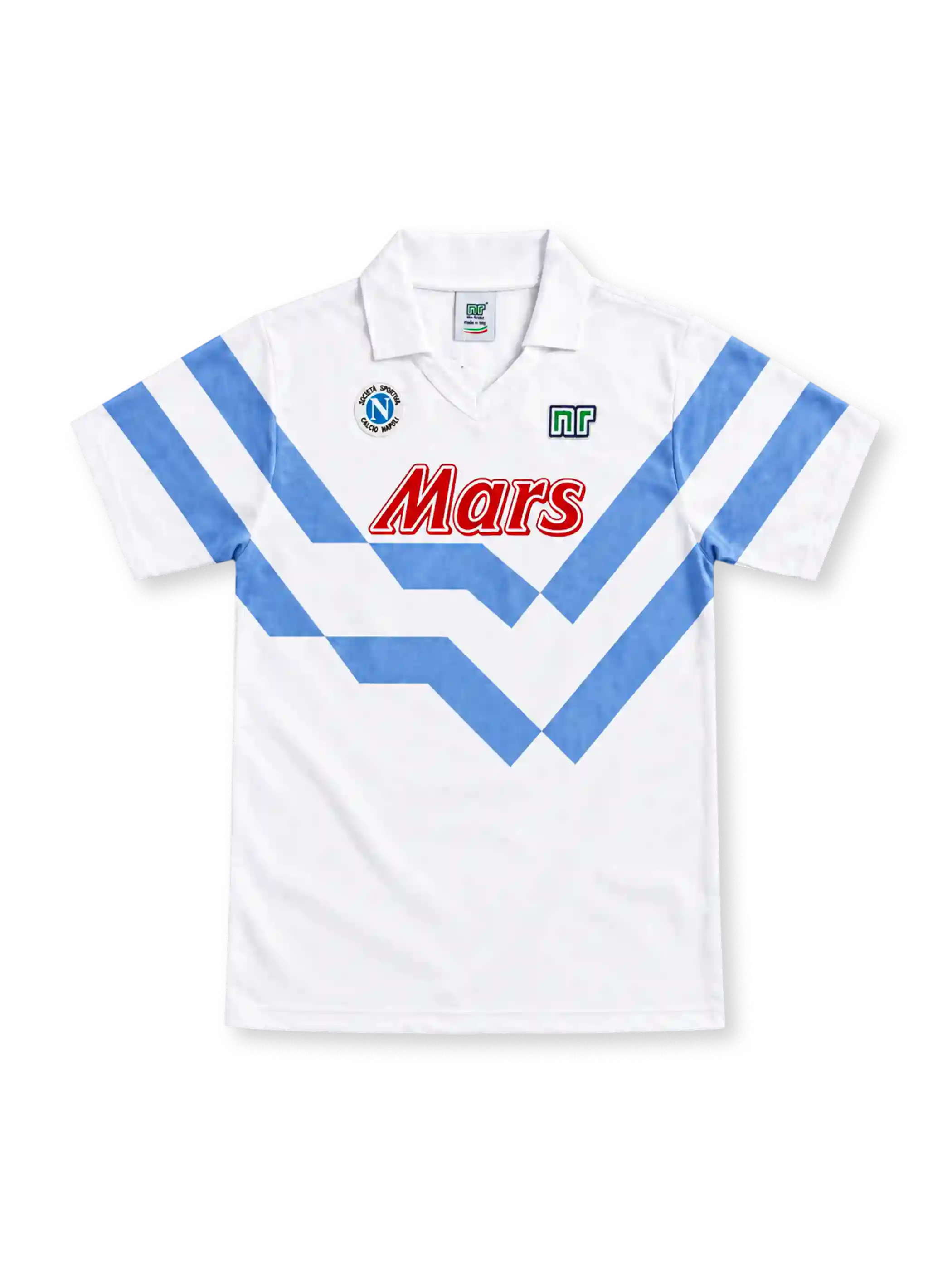 Napoli 1989/90 white away jersey with sky-blue chevron stripes, white fold-down collar, Ennerre logo, circular Napoli crest and red Mars sponsor.