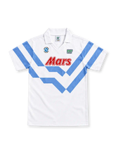 Napoli 1989/90 white away jersey with sky-blue chevron stripes, white fold-down collar, Ennerre logo, circular Napoli crest and red Mars sponsor.
