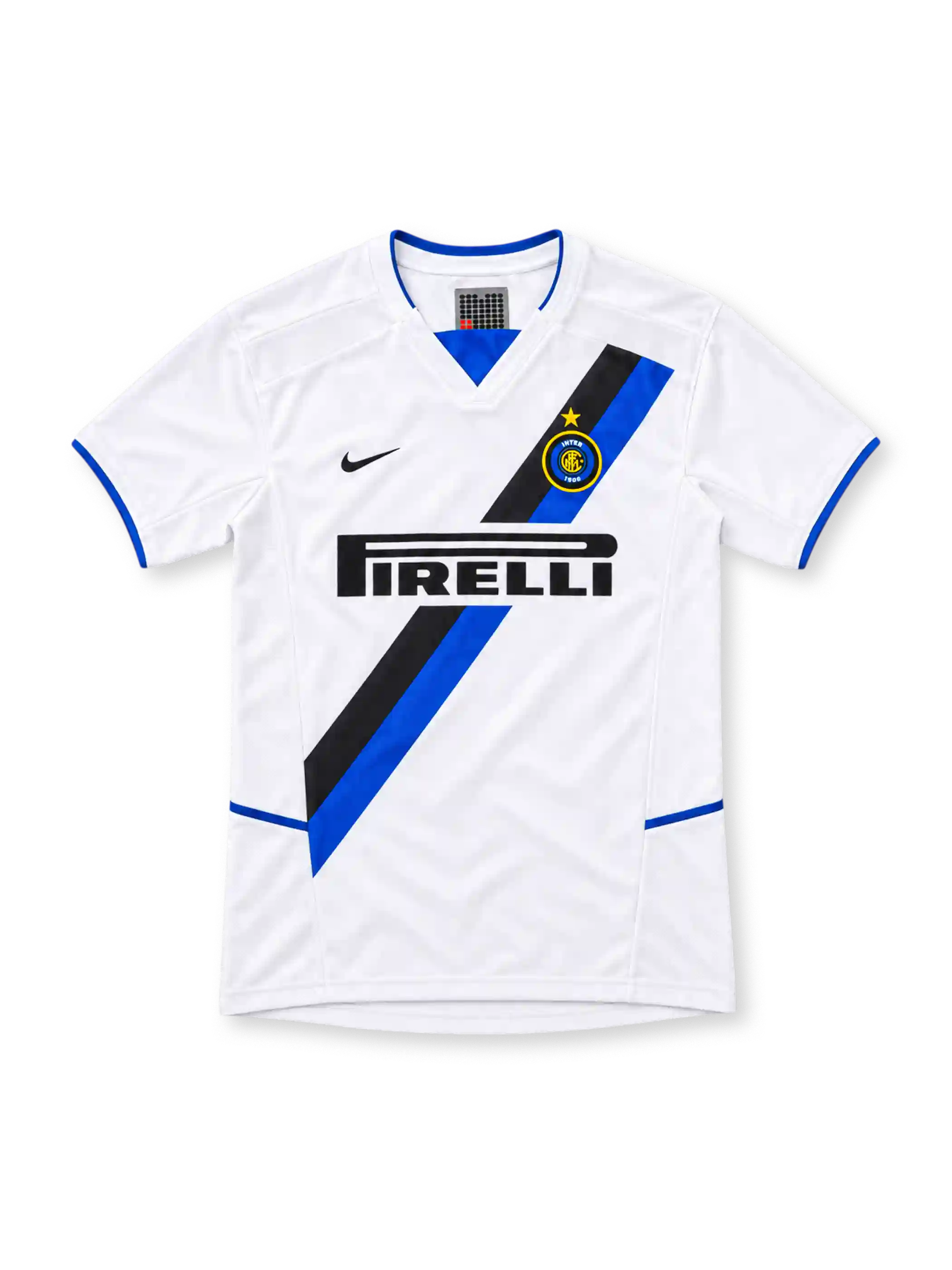 Inter Milan 2002/03 white away jersey with black-and-blue diagonal sash, Nike Swoosh, gold-star Inter crest, black Pirelli sponsor and blue-trimmed V-neck.