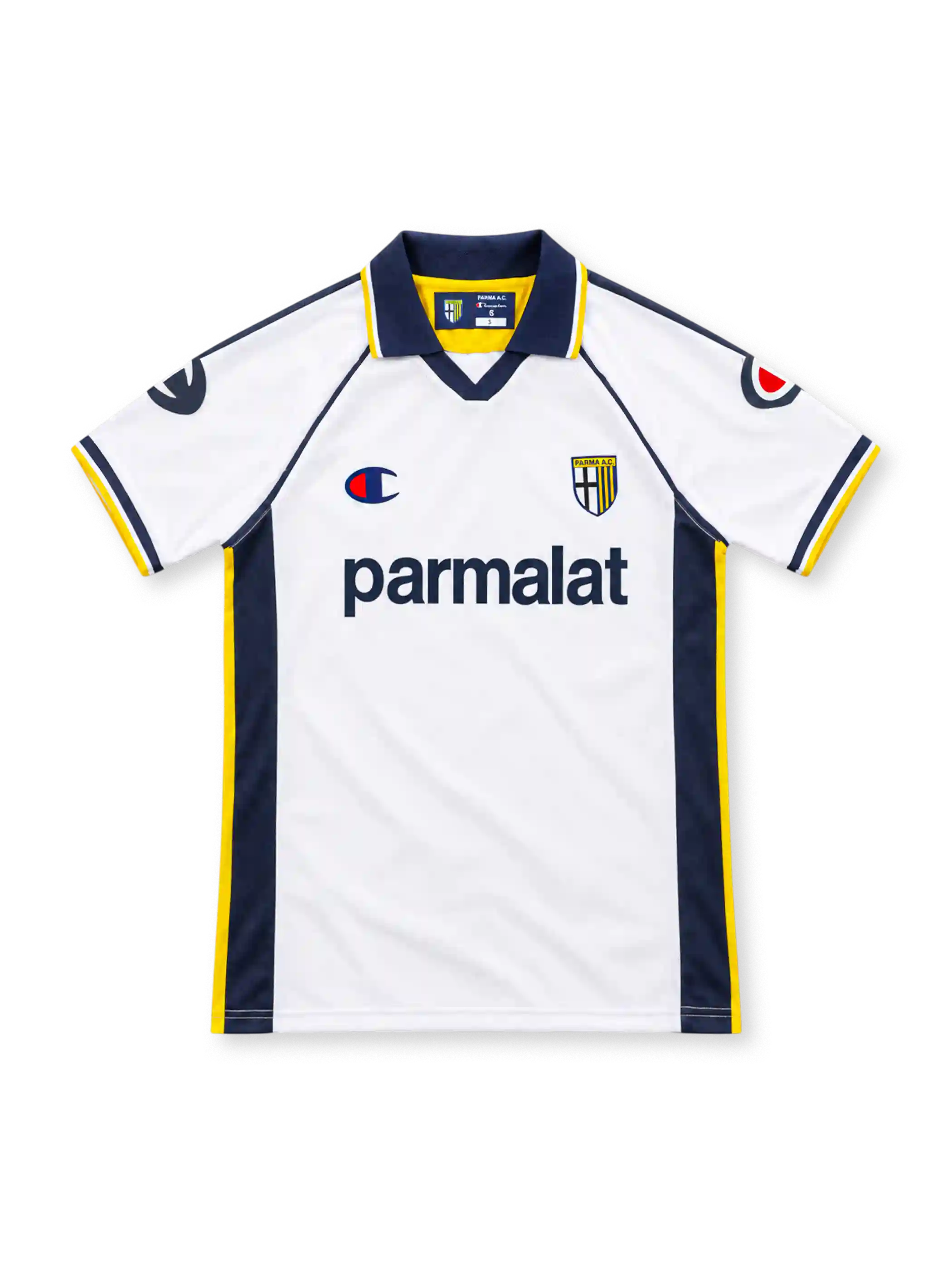 Parma 2003/04 white away jersey with navy side panels, yellow piping, Champion logos, Parmalat chest sponsor, Parma crest and navy polo collar.