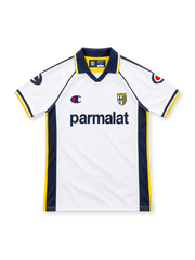 Parma 2003/04 white away jersey with navy side panels, yellow piping, Champion logos, Parmalat chest sponsor, Parma crest and navy polo collar.