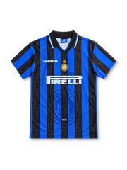 Inter Milan 1997/98 home jersey with blue-and-black vertical stripes, subtle script patterns, white Umbro logo, central gold-star Inter crest, Pirelli sponsor and black polo collar.