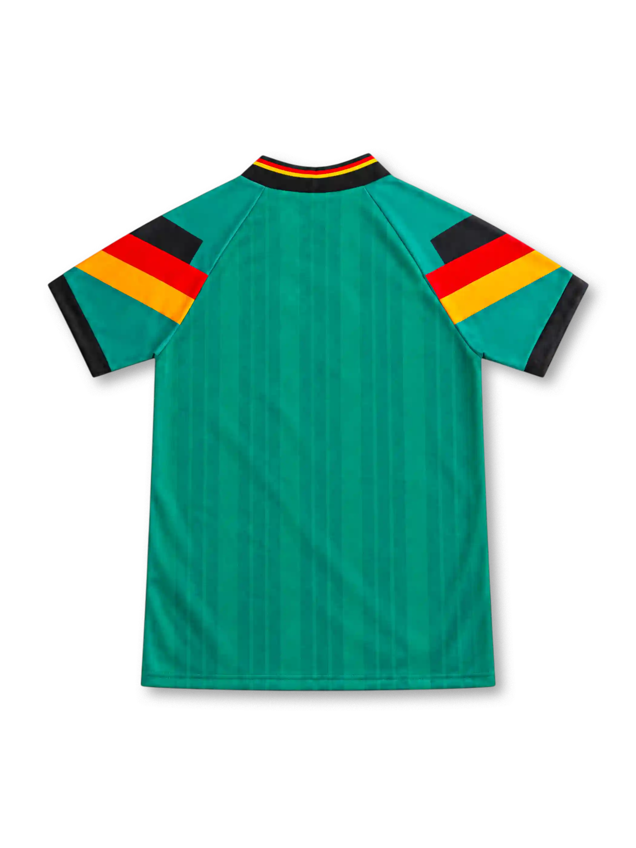 Germany 1992 green away jersey with tonal vertical stripes, black-red-gold sleeve bands, black V-neck collar, white adidas Equipment logo and circular DFB eagle crest.
