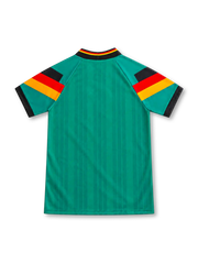 Germany 1992 green away jersey with tonal vertical stripes, black-red-gold sleeve bands, black V-neck collar, white adidas Equipment logo and circular DFB eagle crest.