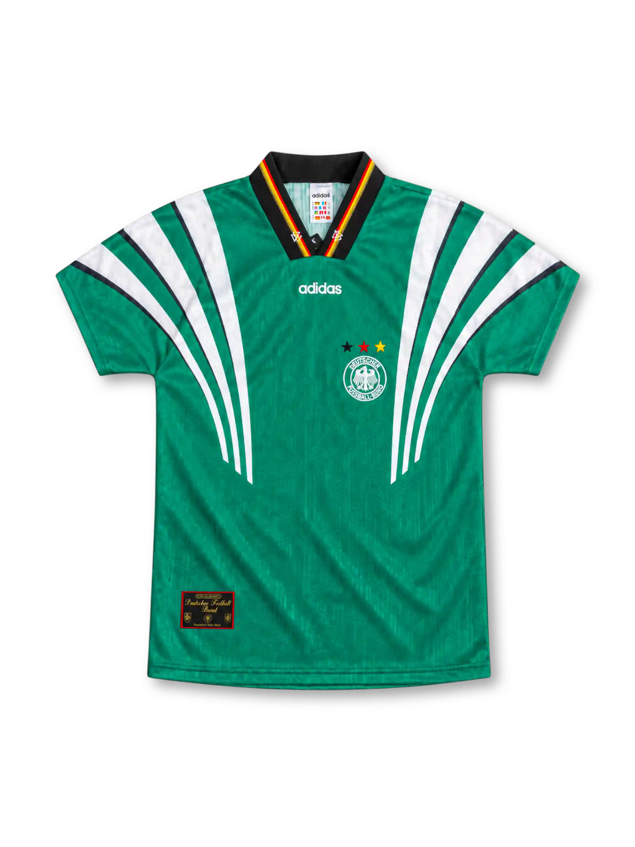 Germany 1996 green away jersey with sweeping white adidas shoulder stripes, black V-neck collar with German flag trim, white adidas logo, three-star DFB crest and lower-hem federation patch.