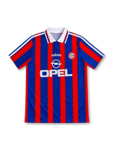 Bayern Munich 1995/97 home jersey with red-and-blue vertical stripes, white adidas shoulder stripes, white polo collar, club crest and Opel sponsor.