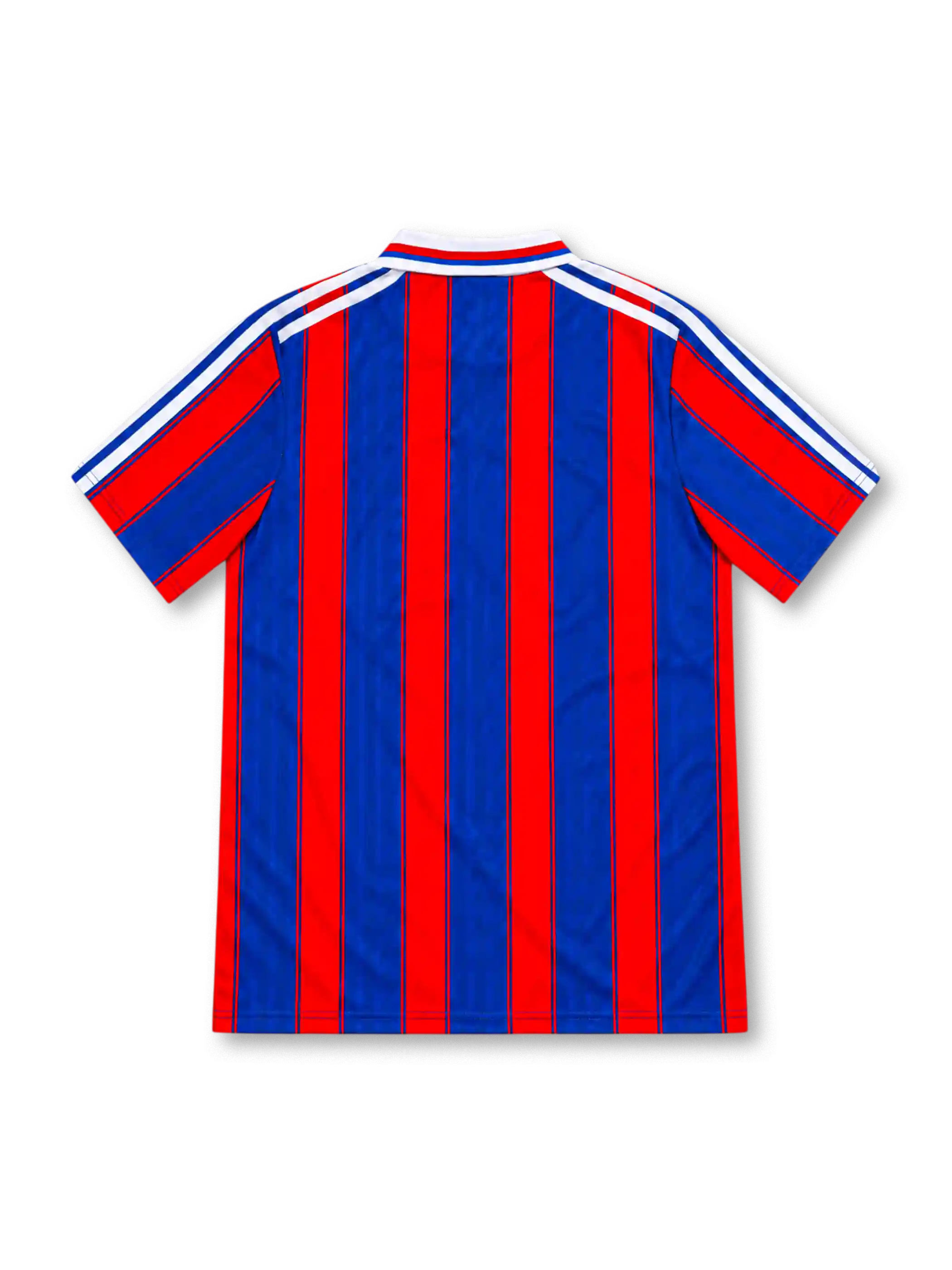 Bayern Munich 1995/97 home jersey with red-and-blue vertical stripes, white adidas shoulder stripes, white polo collar, club crest and Opel sponsor.