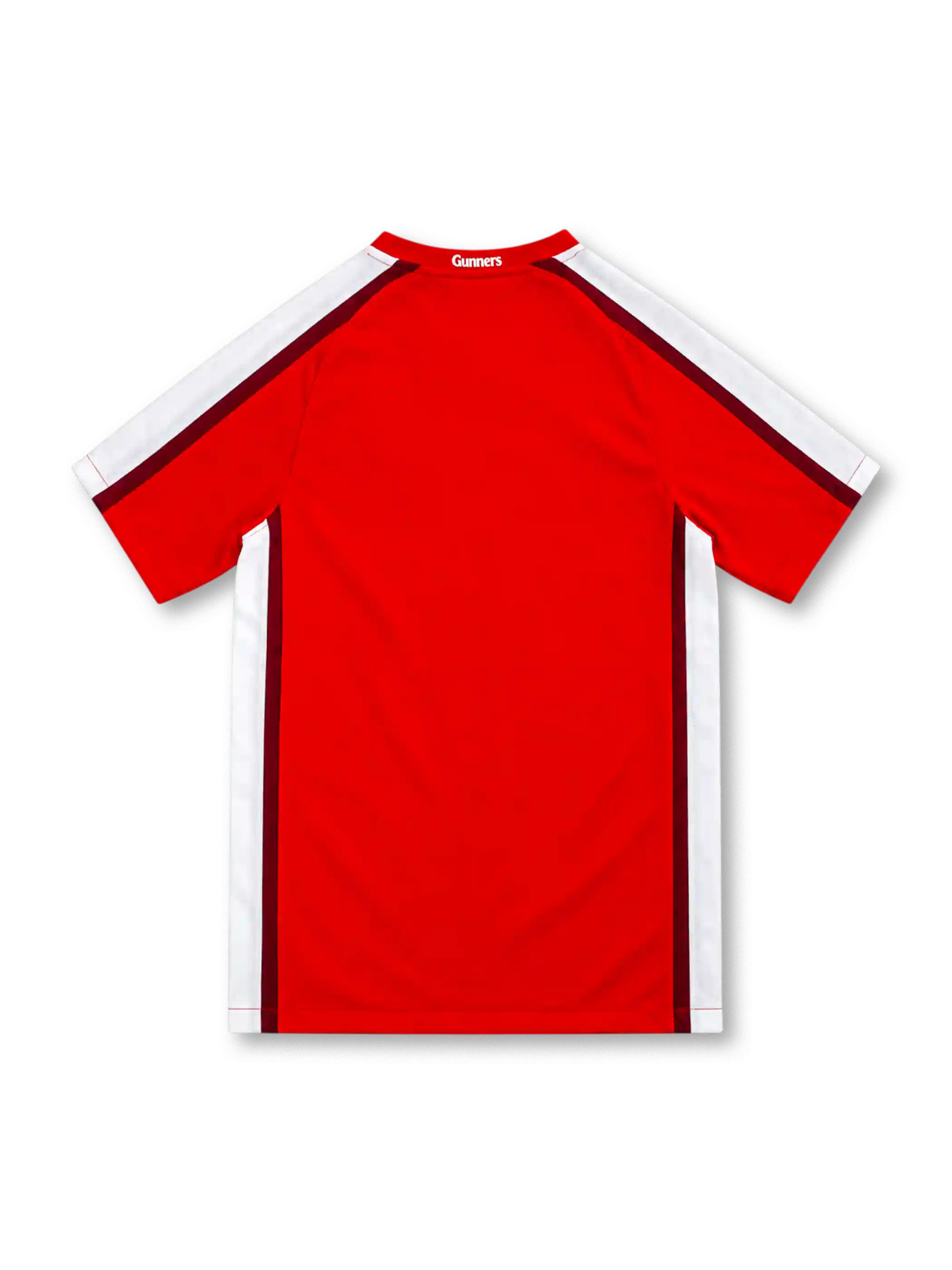 Arsenal 2008/10 red home jersey by Nike with white shoulder panels, burgundy piping, V-neck collar, Arsenal crest, white Fly Emirates sponsor and NikeFIT branding.
