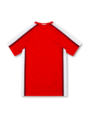 Arsenal 2008/10 red home jersey by Nike with white shoulder panels, burgundy piping, V-neck collar, Arsenal crest, white Fly Emirates sponsor and NikeFIT branding.