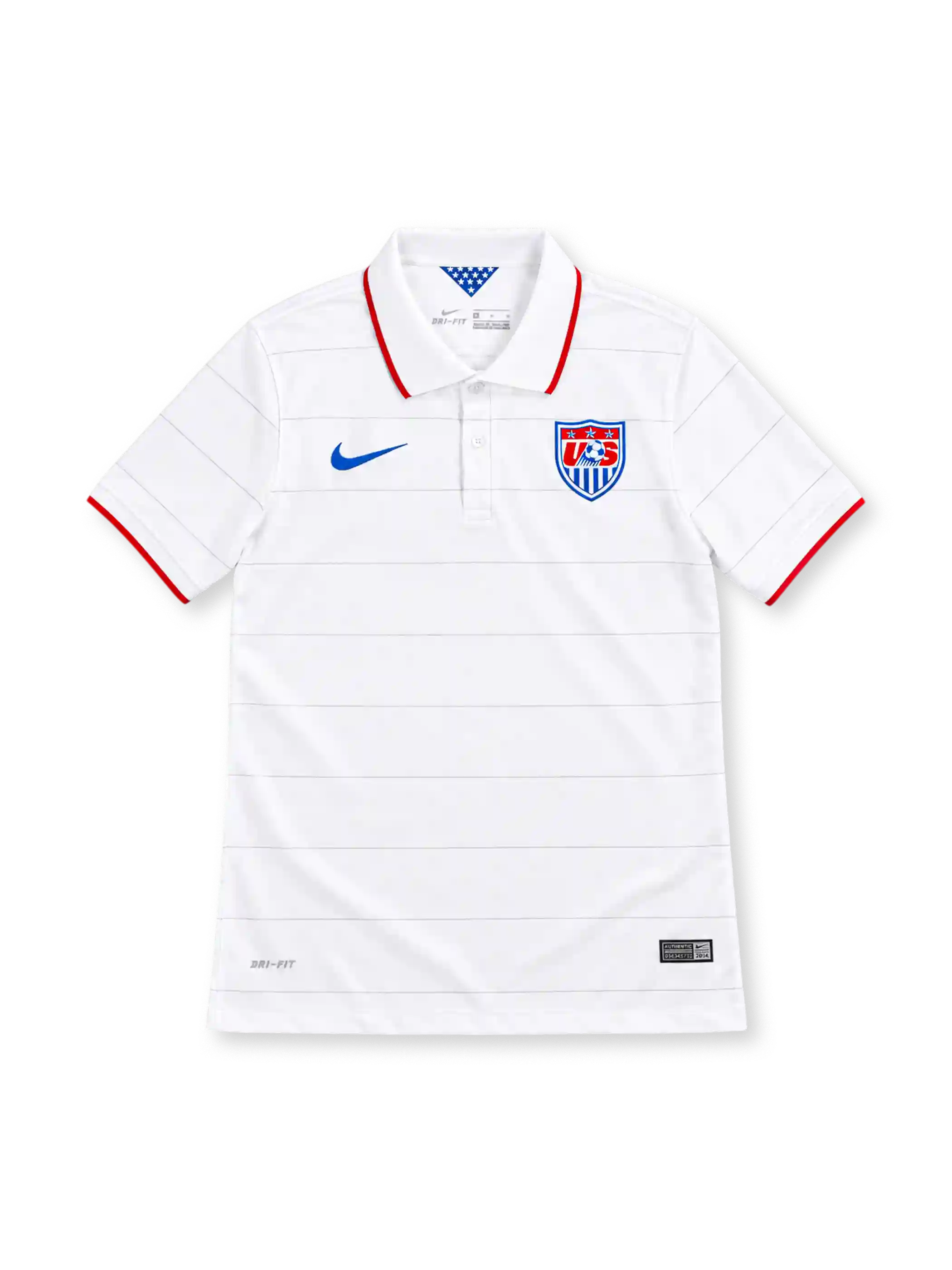 USA 2014 white home jersey with subtle gray horizontal pinstripes, red-trimmed polo collar and cuffs, blue Nike Swoosh, US Soccer crest and Dri-FIT branding.