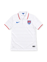 USA 2014 white home jersey with subtle gray horizontal pinstripes, red-trimmed polo collar and cuffs, blue Nike Swoosh, US Soccer crest and Dri-FIT branding.