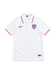 USA 2014 white home jersey with subtle gray horizontal pinstripes, red-trimmed polo collar and cuffs, blue Nike Swoosh, US Soccer crest and Dri-FIT branding.