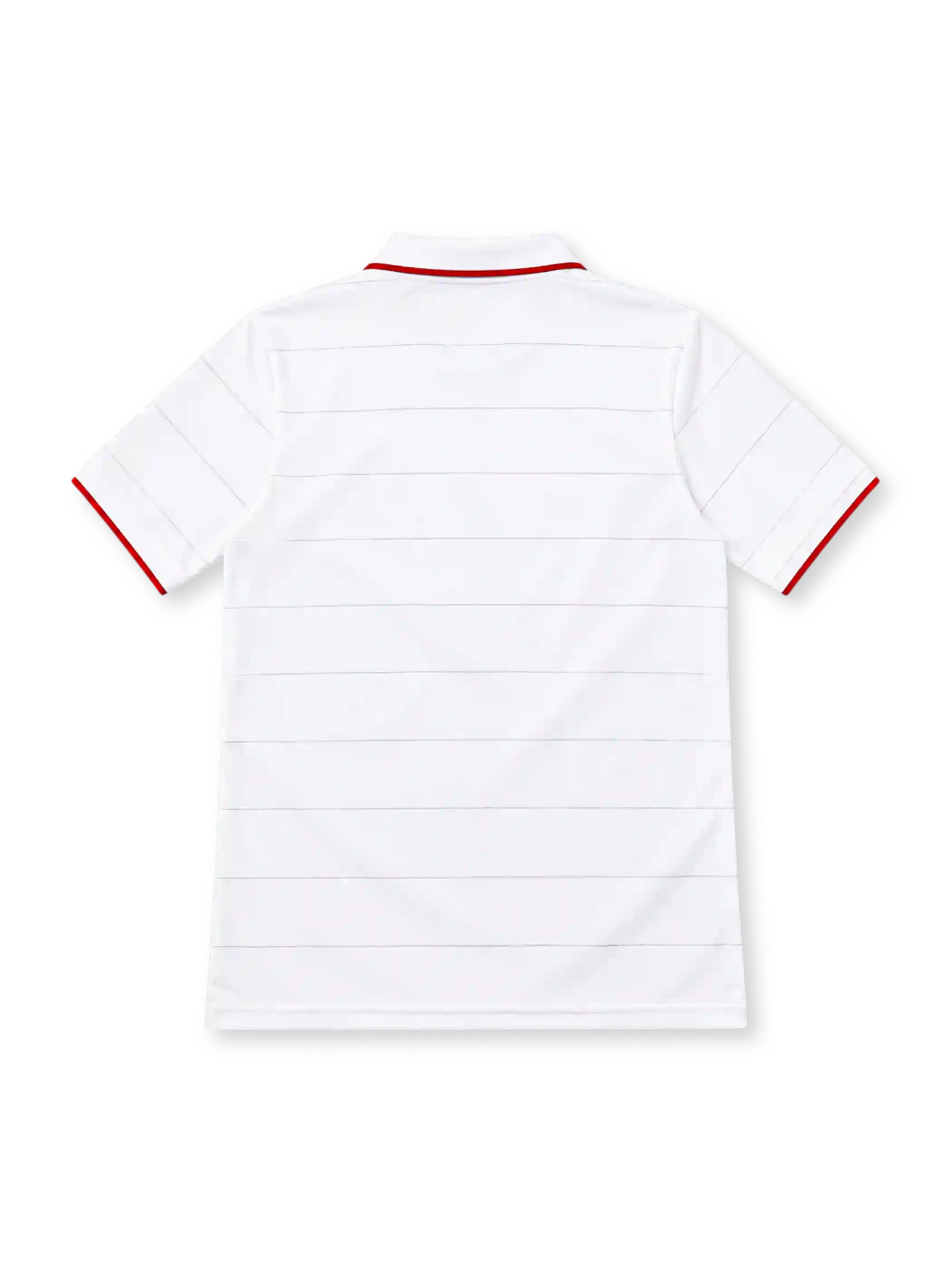 USA 2014 white home jersey with subtle gray horizontal pinstripes, red-trimmed polo collar and cuffs, blue Nike Swoosh, US Soccer crest and Dri-FIT branding.