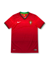 Portugal 2014 centenary home jersey with red tonal horizontal stripes, green-trimmed V-neck collar, white Nike Swoosh, Portuguese federation crest and Dri-FIT branding.