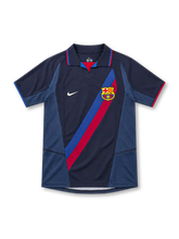 Barcelona 2002/03 navy second away jersey with diagonal blue-and-red sash, white Nike Swoosh, FCB crest, dark polo collar, and contrasting blue side panels.