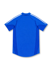Real Madrid 2004/05 royal-blue third jersey with white adidas shoulder stripes, blue fold-down collar, club crest, Siemens mobile chest sponsor and ClimaCool branding.