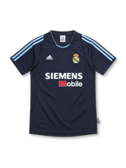 Real Madrid 2003/04 navy away jersey with light-blue adidas shoulder stripes, V-neck collar, white adidas logo, crowned club crest and Siemens mobile sponsor.