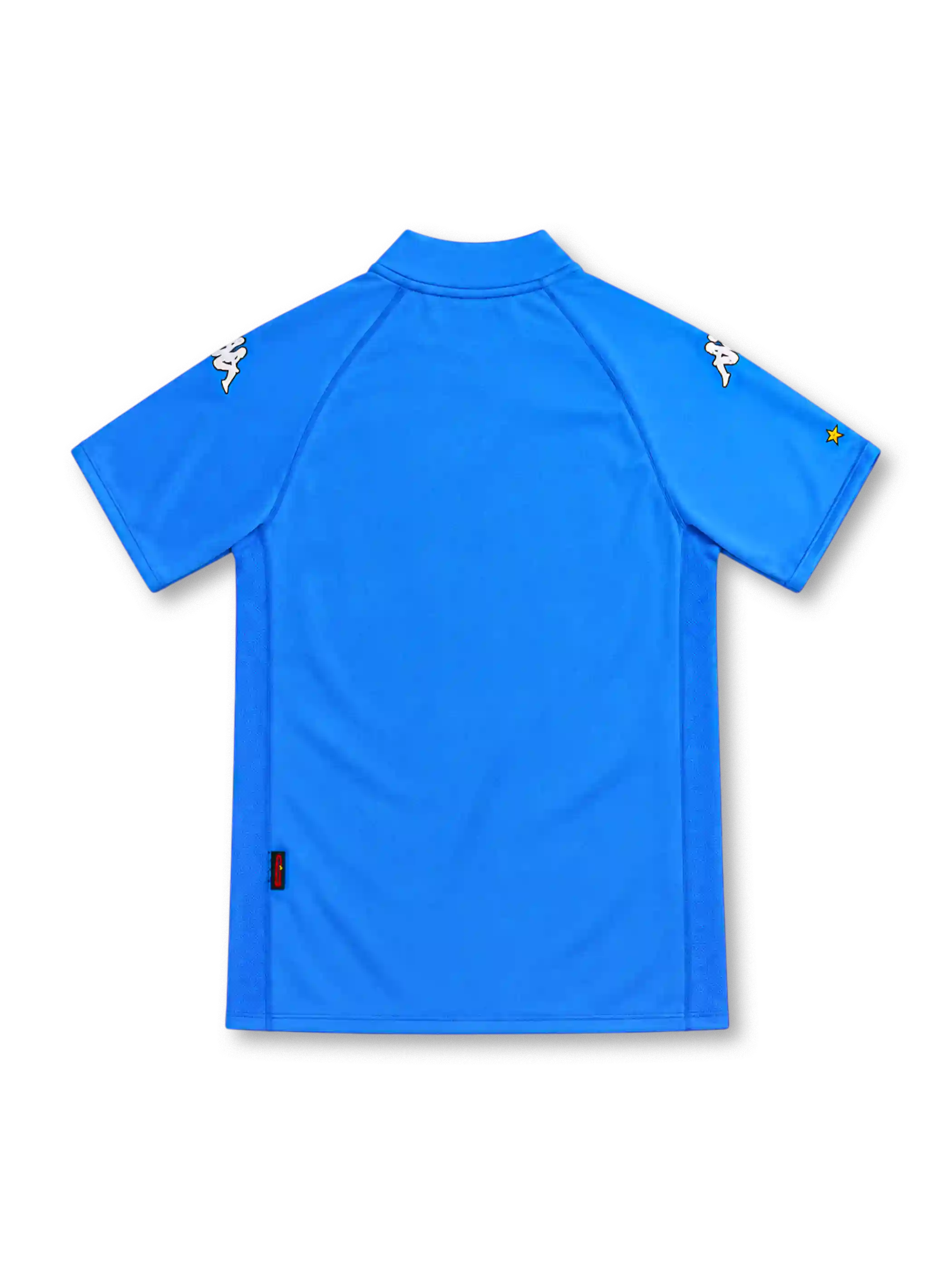 Italy 2002 azure-blue home jersey by Kappa with a matching rounded collar, white Omini shoulder logos, Italian tricolor shield crest and yellow sleeve star detailing.