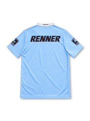 Grêmio 1995/96 sky-blue second away jersey with fine diagonal pinstripes, oversized tonal club crest watermark, white polo collar, Penalty branding, black Renner sponsor and sleeve patches.