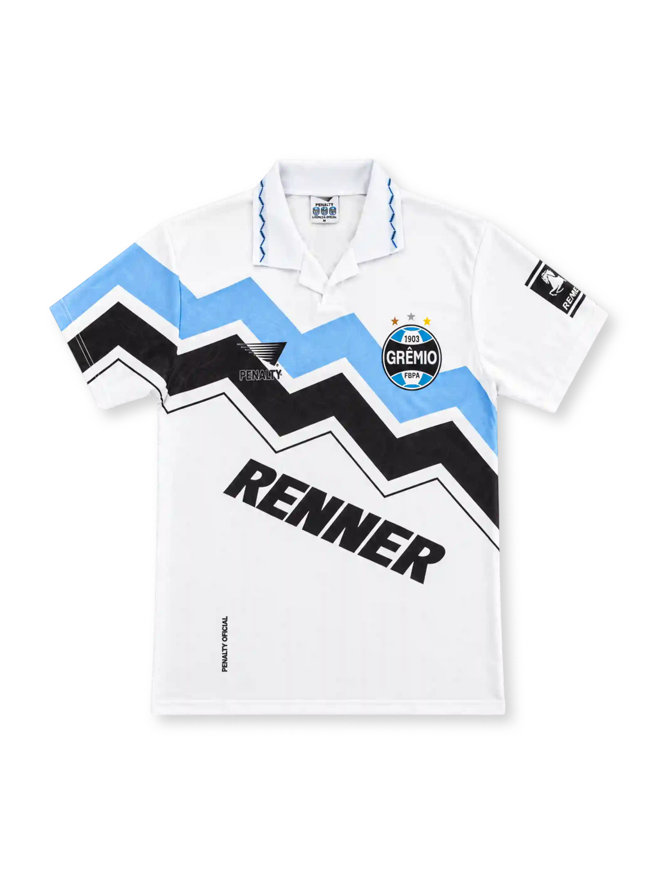 Grêmio 1995/96 white away jersey with sky-blue and black zigzag chest graphics, white polo collar, Penalty branding, three-star Grêmio crest, angled Renner sponsor and sleeve patch.