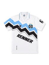 Grêmio 1995/96 white away jersey with sky-blue and black zigzag chest graphics, white polo collar, Penalty branding, three-star Grêmio crest, angled Renner sponsor and sleeve patch.