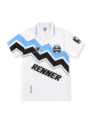 Grêmio 1995/96 white away jersey with sky-blue and black zigzag chest graphics, white polo collar, Penalty branding, three-star Grêmio crest, angled Renner sponsor and sleeve patch.