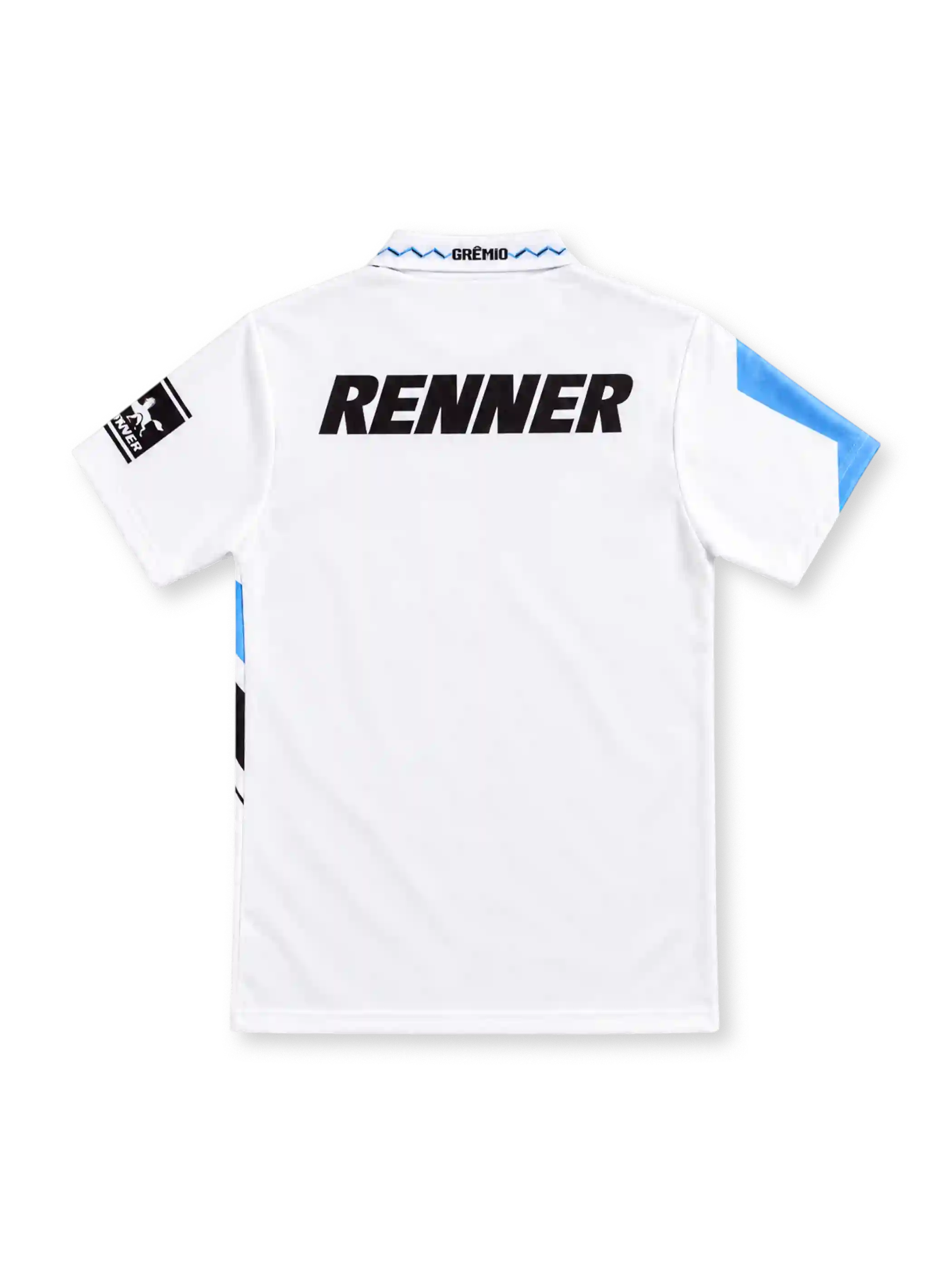 Grêmio 1995/96 white away jersey with sky-blue and black zigzag chest graphics, white polo collar, Penalty branding, three-star Grêmio crest, angled Renner sponsor and sleeve patch.