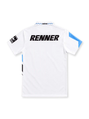 Grêmio 1995/96 white away jersey with sky-blue and black zigzag chest graphics, white polo collar, Penalty branding, three-star Grêmio crest, angled Renner sponsor and sleeve patch.