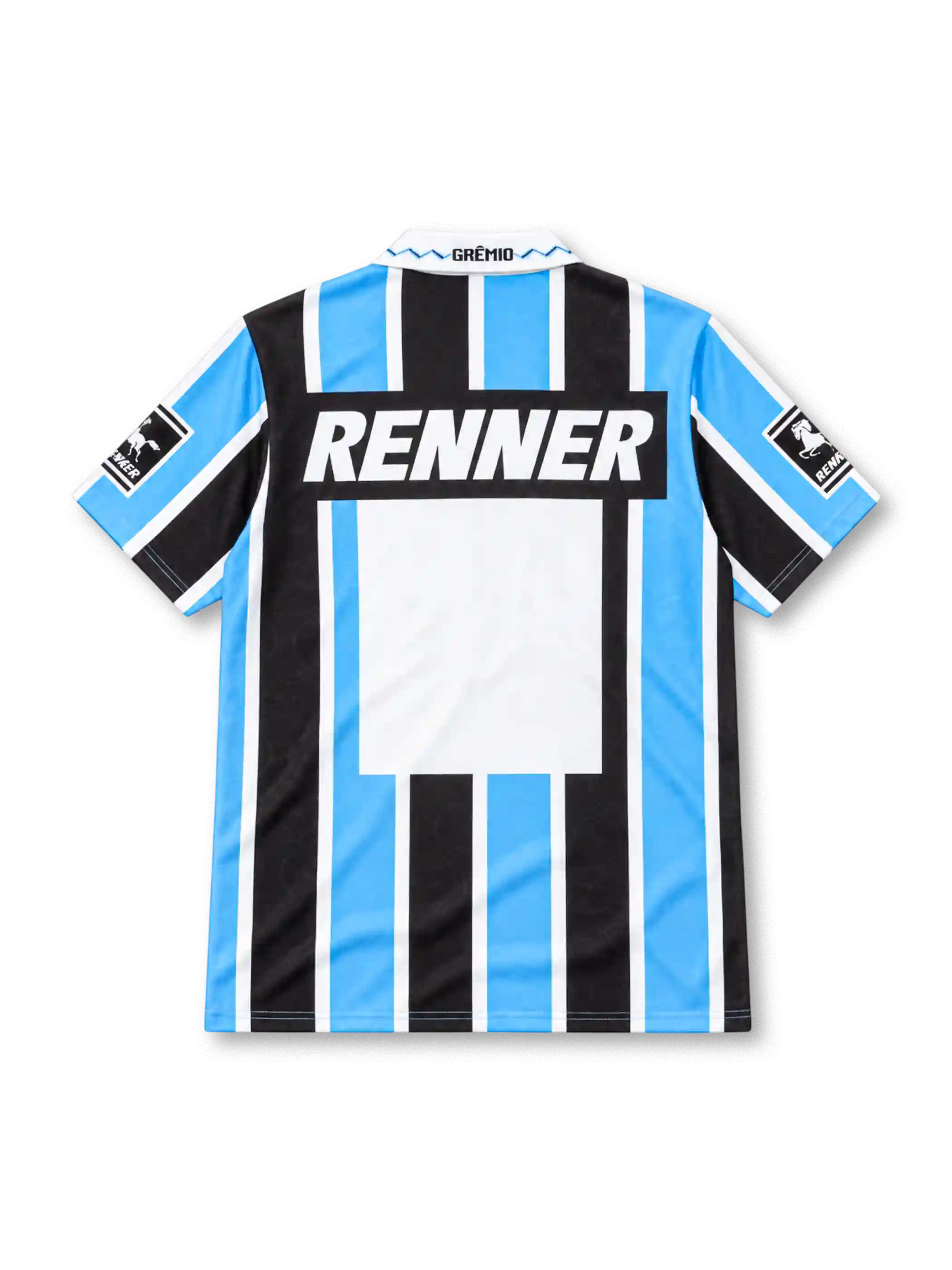 Grêmio 1995/96 home jersey featuring sky-blue, black and white vertical stripes, a white polo collar with blue zigzag stitching, Penalty branding, three-star club crest, Renner chest sponsor and sleeve patches.